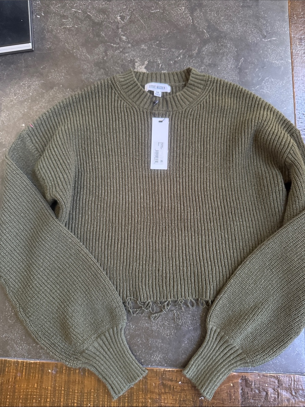 Steve Madden Olive Ribbed Cropped Crew Sweater Medium NWT